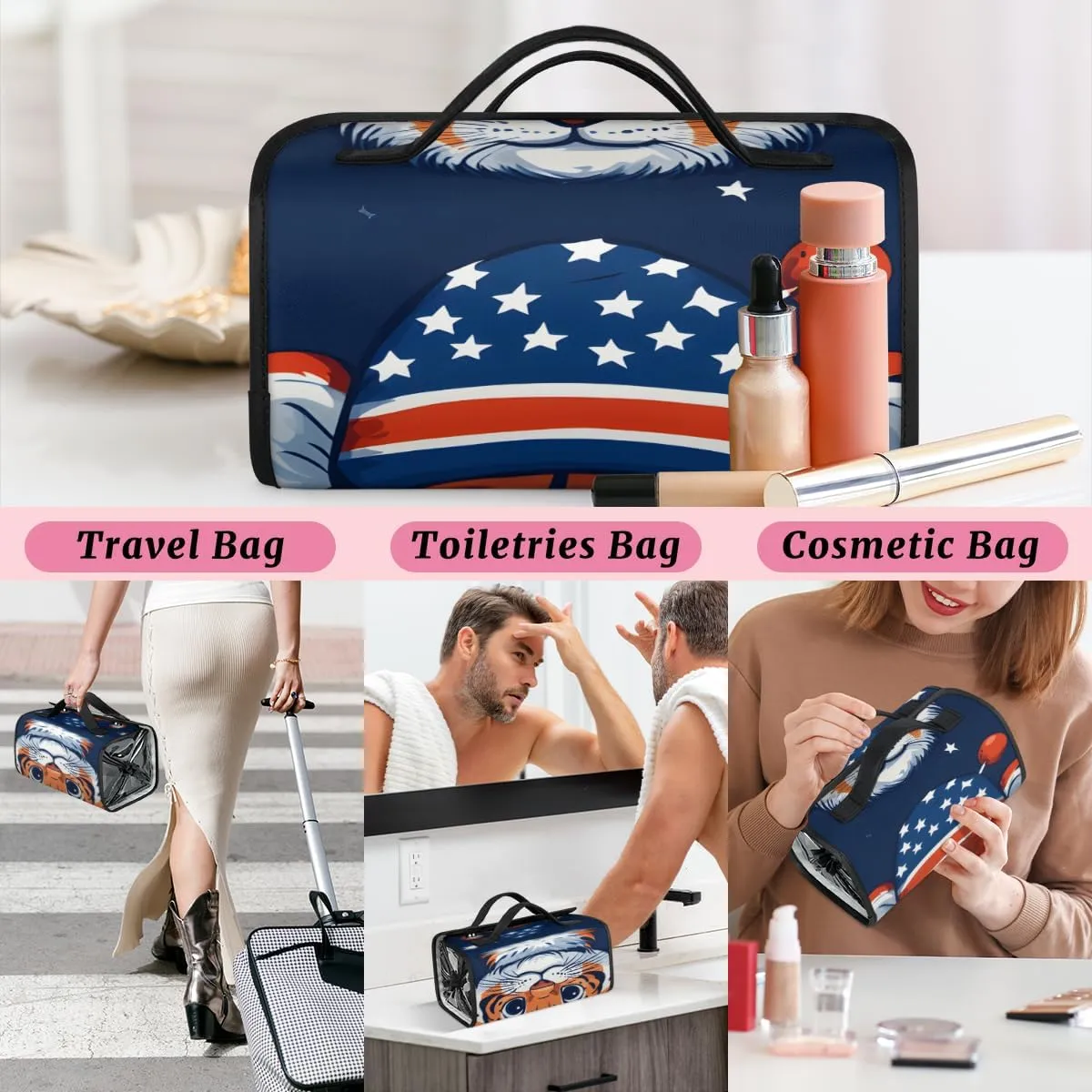 Tiger Flag Foldable Toiletry Bag with Detachable Removable Pouches Hanging 4 in 1 Roll Up Large Makeup Toiletry Organizer Storage Bag with Handle