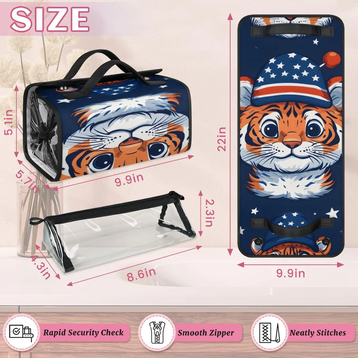 Tiger Flag Foldable Toiletry Bag with Detachable Removable Pouches Hanging 4 in 1 Roll Up Large Makeup Toiletry Organizer Storage Bag with Handle