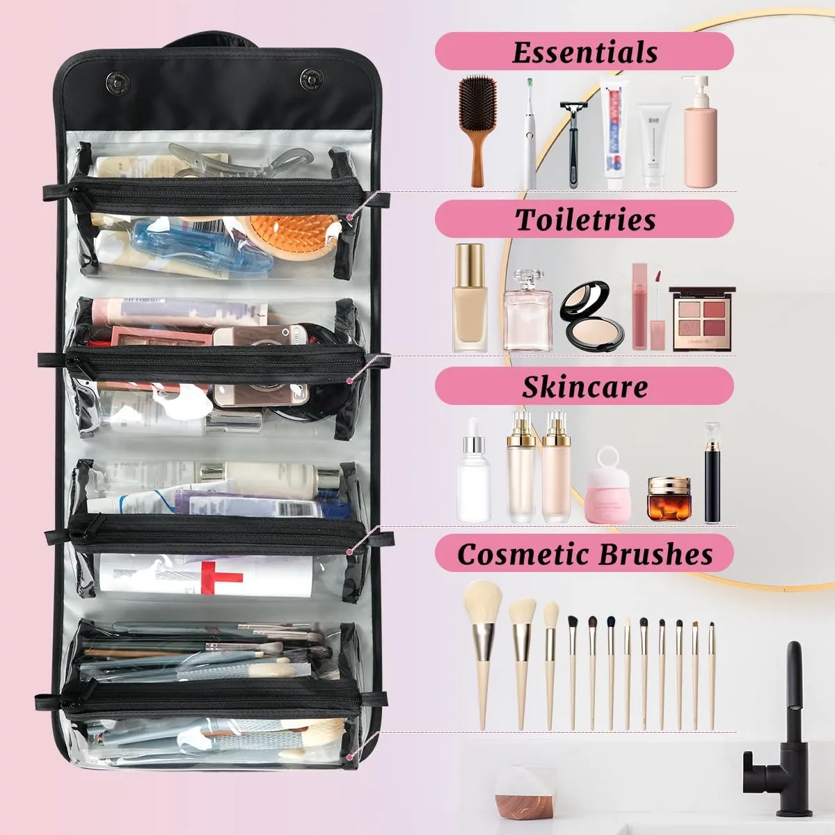 Tiger Flag Foldable Toiletry Bag with Detachable Removable Pouches Hanging 4 in 1 Roll Up Large Makeup Toiletry Organizer Storage Bag with Handle