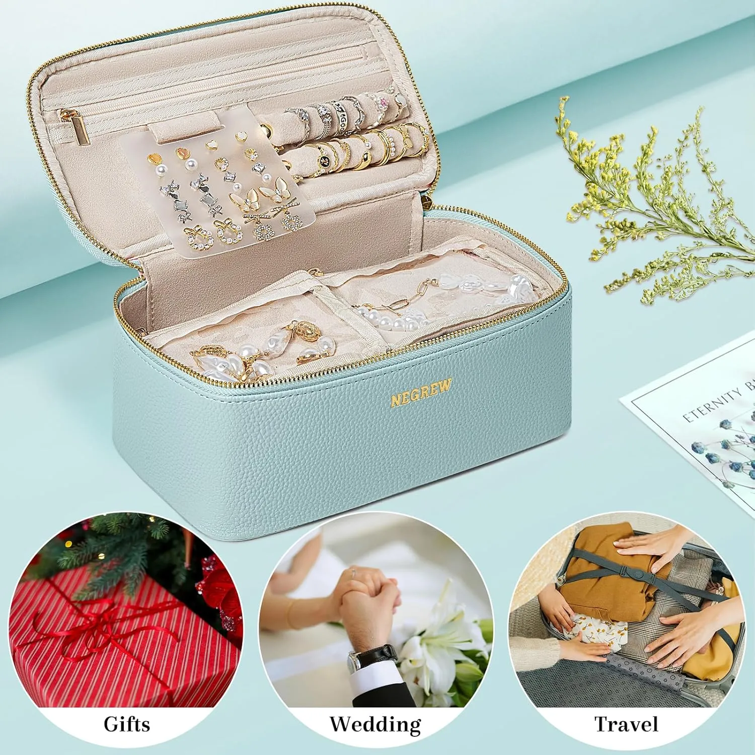 Travel Jewelry Box with 12 Pouches, Leather Jewelry Organizer Case for Women Girl for Necklace Earring Bracelet Ring, Jewelry Holder Organizer Box,Wedding Birthday Gift Idea