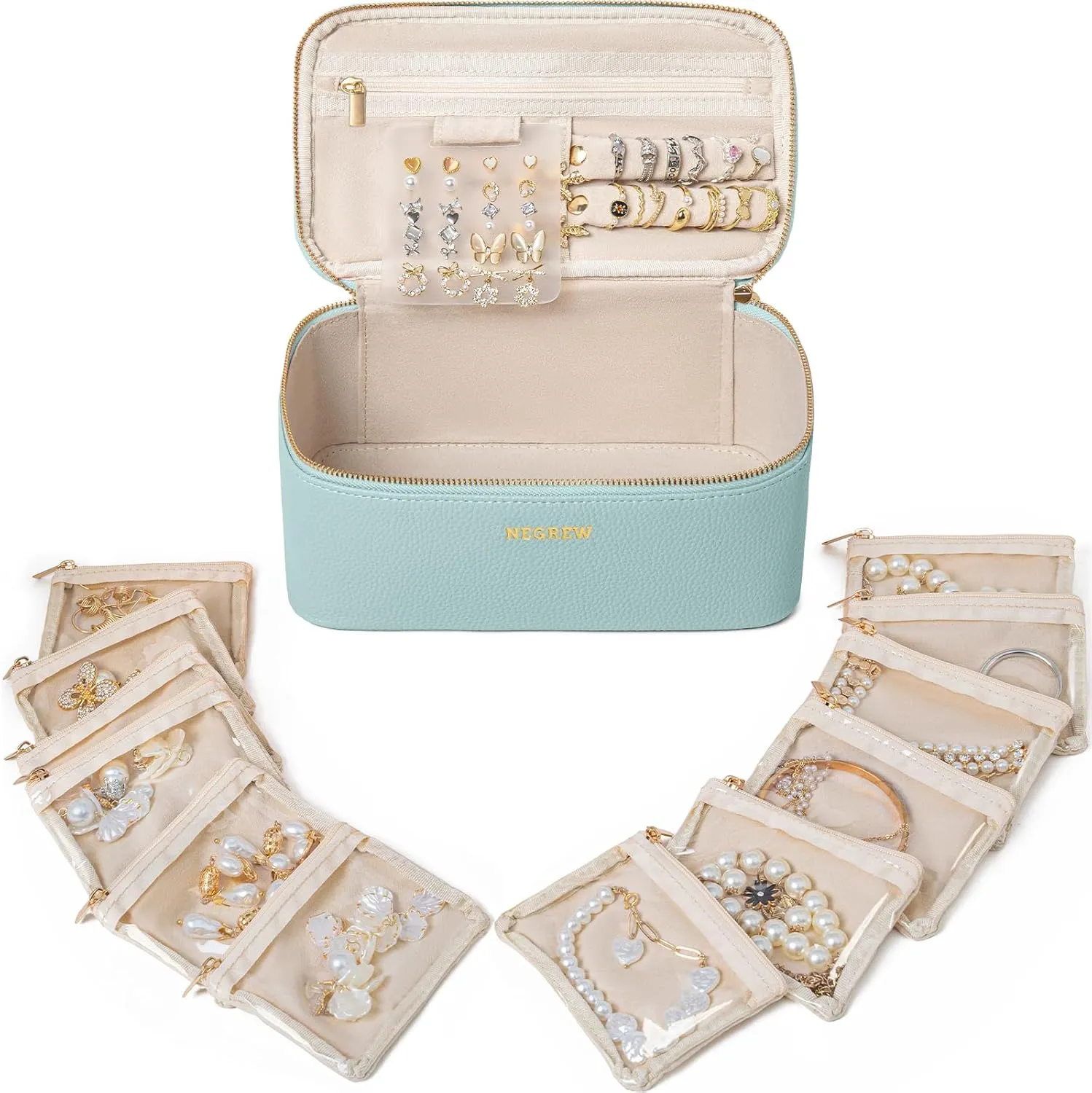 Travel Jewelry Box with 12 Pouches, Leather Jewelry Organizer Case for Women Girl for Necklace Earring Bracelet Ring, Jewelry Holder Organizer Box,Wedding Birthday Gift Idea