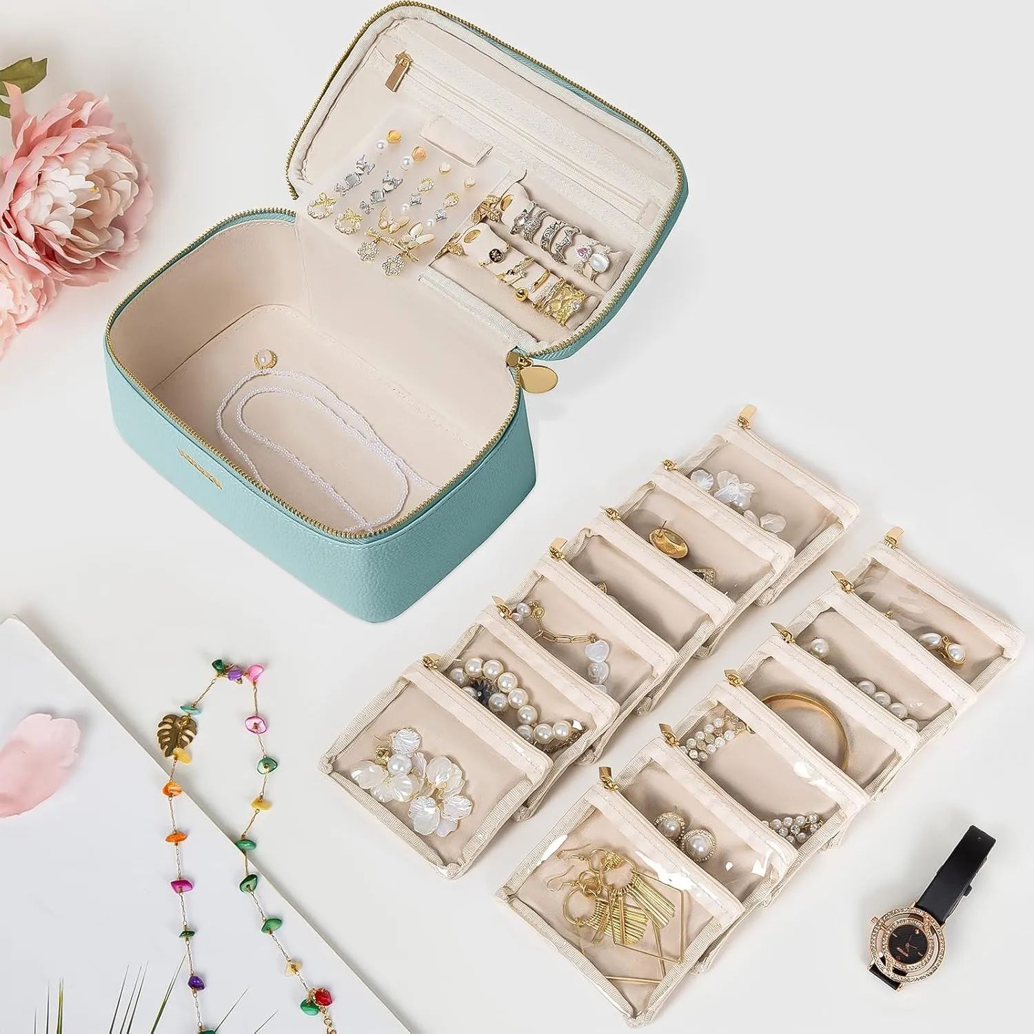 Travel Jewelry Box with 12 Pouches, Leather Jewelry Organizer Case for Women Girl for Necklace Earring Bracelet Ring, Jewelry Holder Organizer Box,Wedding Birthday Gift Idea