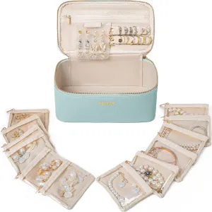 Travel Jewelry Box with 12 Pouches, Leather Jewelry Organizer Case for Women Girl for Necklace Earring Bracelet Ring, Jewelry Holder Organizer Box,Wedding Birthday Gift Idea