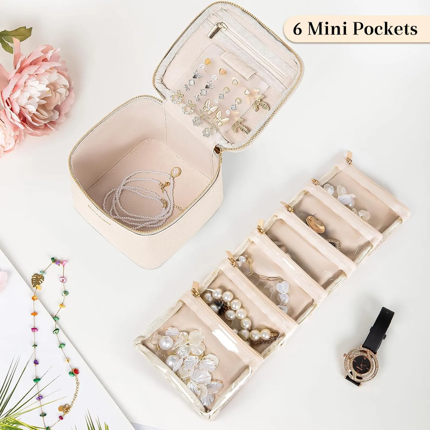 Travel Jewelry Box with 6 Pouches, Leather Jewelry Organizer Case for Women Girl for Necklace Earring Bracelet Ring, Jewelry Holder Organizer Box,Wedding Birthday Gift Idea