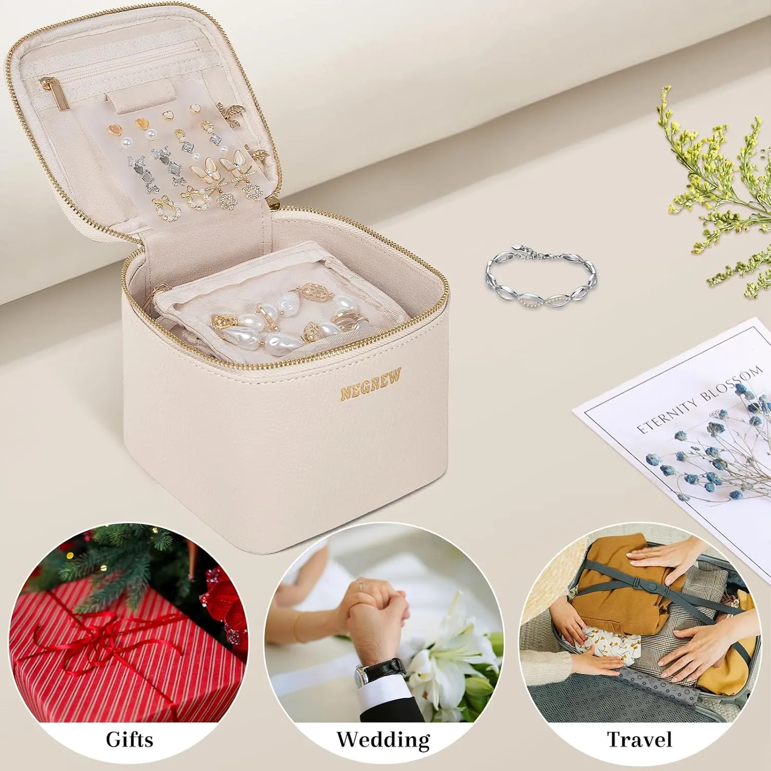 Travel Jewelry Box with 6 Pouches, Leather Jewelry Organizer Case for Women Girl for Necklace Earring Bracelet Ring, Jewelry Holder Organizer Box,Wedding Birthday Gift Idea