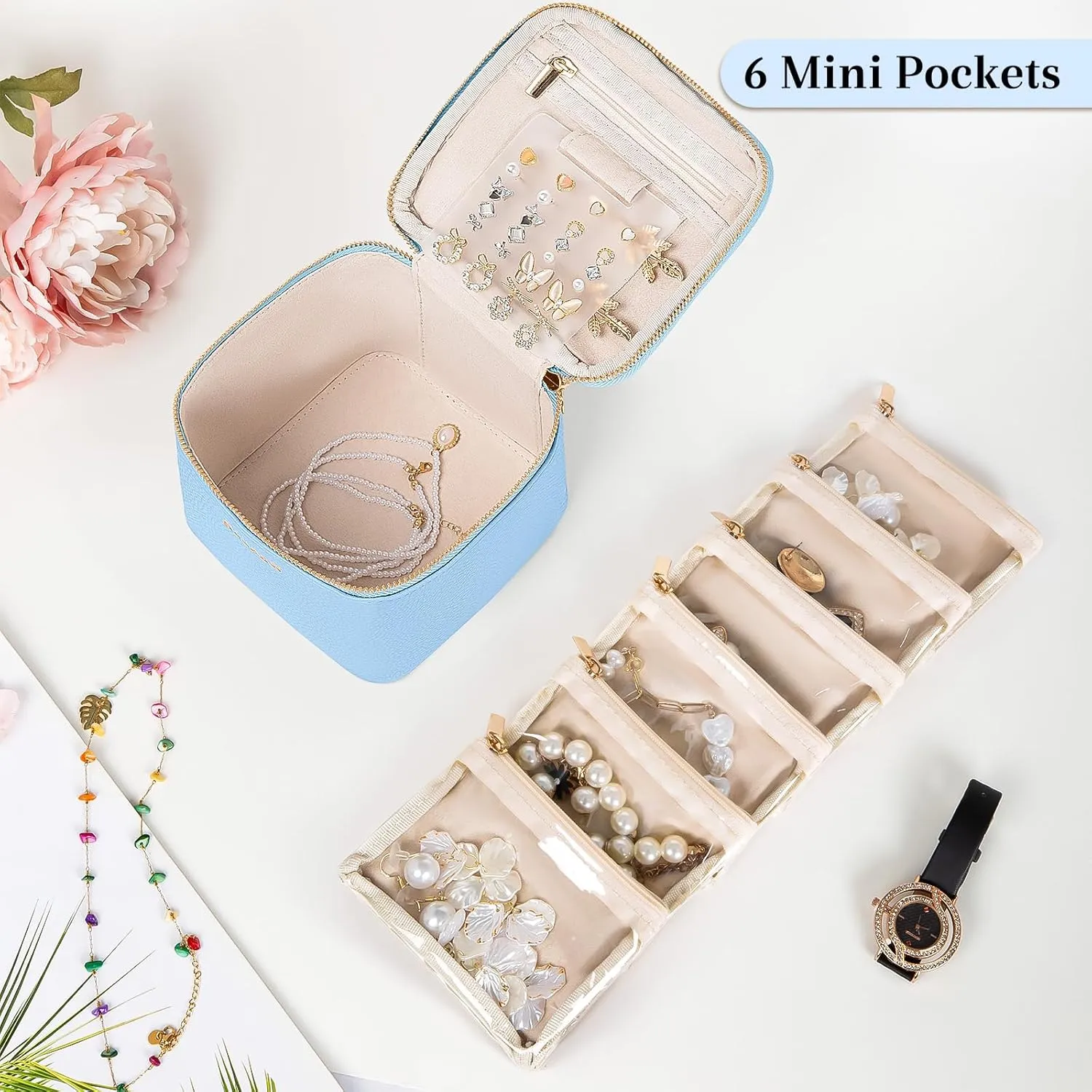 Travel Jewelry Box with 6 Pouches, Leather Jewelry Organizer Case for Women Girl for Necklace Earring Bracelet Ring, Jewelry Holder Organizer Box,Wedding Birthday Gift Idea