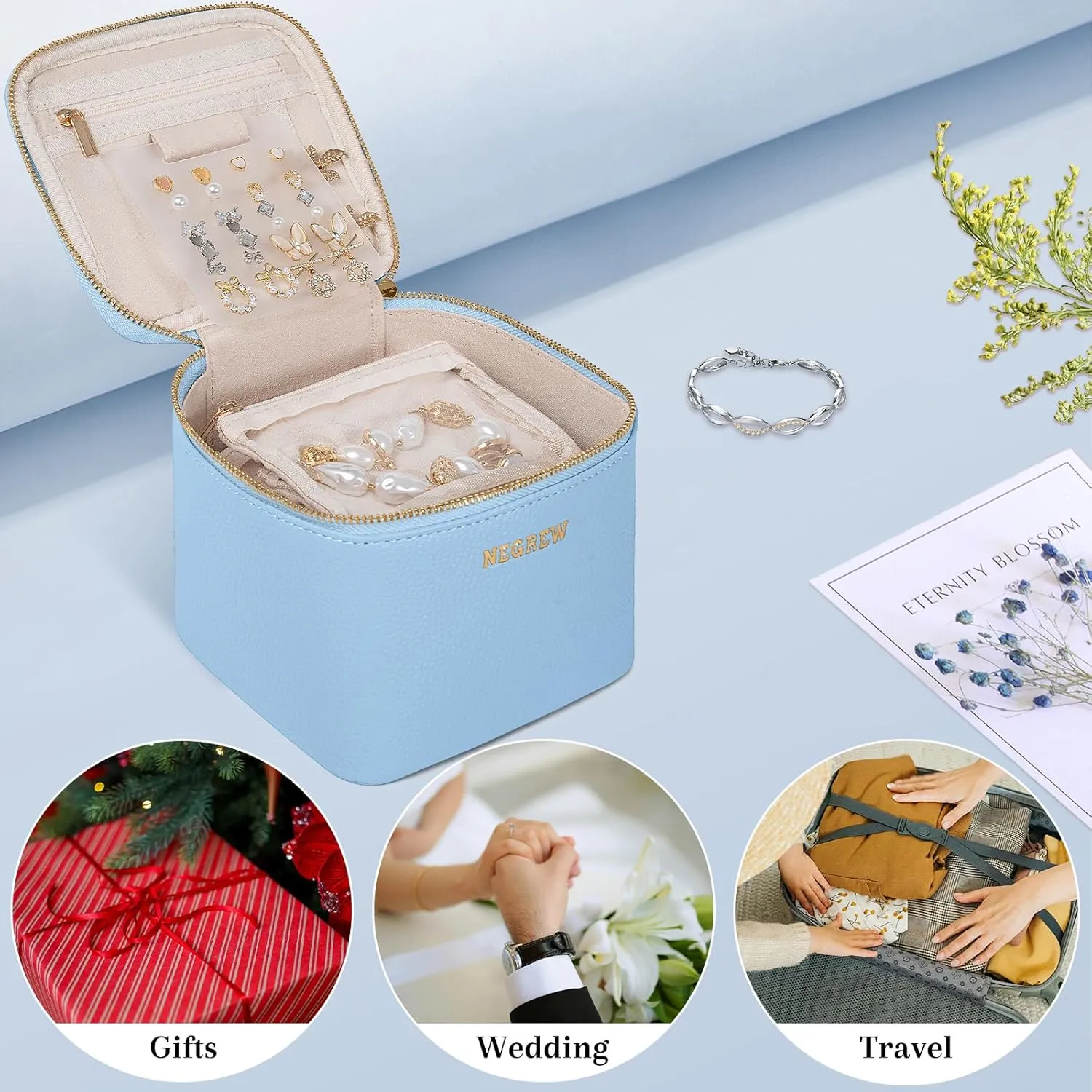 Travel Jewelry Box with 6 Pouches, Leather Jewelry Organizer Case for Women Girl for Necklace Earring Bracelet Ring, Jewelry Holder Organizer Box,Wedding Birthday Gift Idea