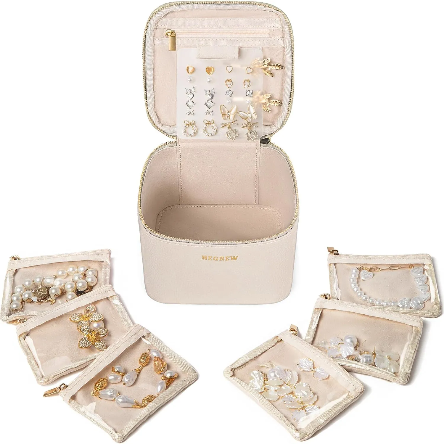 Travel Jewelry Box with 6 Pouches, Leather Jewelry Organizer Case for Women Girl for Necklace Earring Bracelet Ring, Jewelry Holder Organizer Box,Wedding Birthday Gift Idea