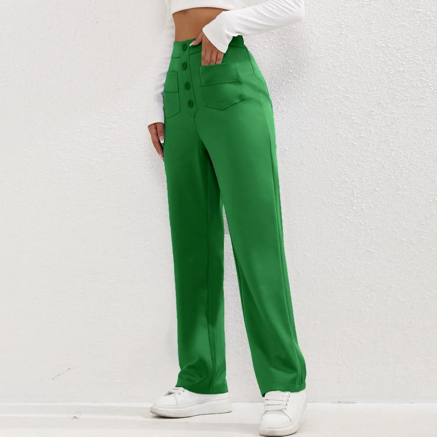 Trousers Pants for Women Women's Casual Straight Leg Pants High Waisted Button Down Stretchy Business Work Trousers