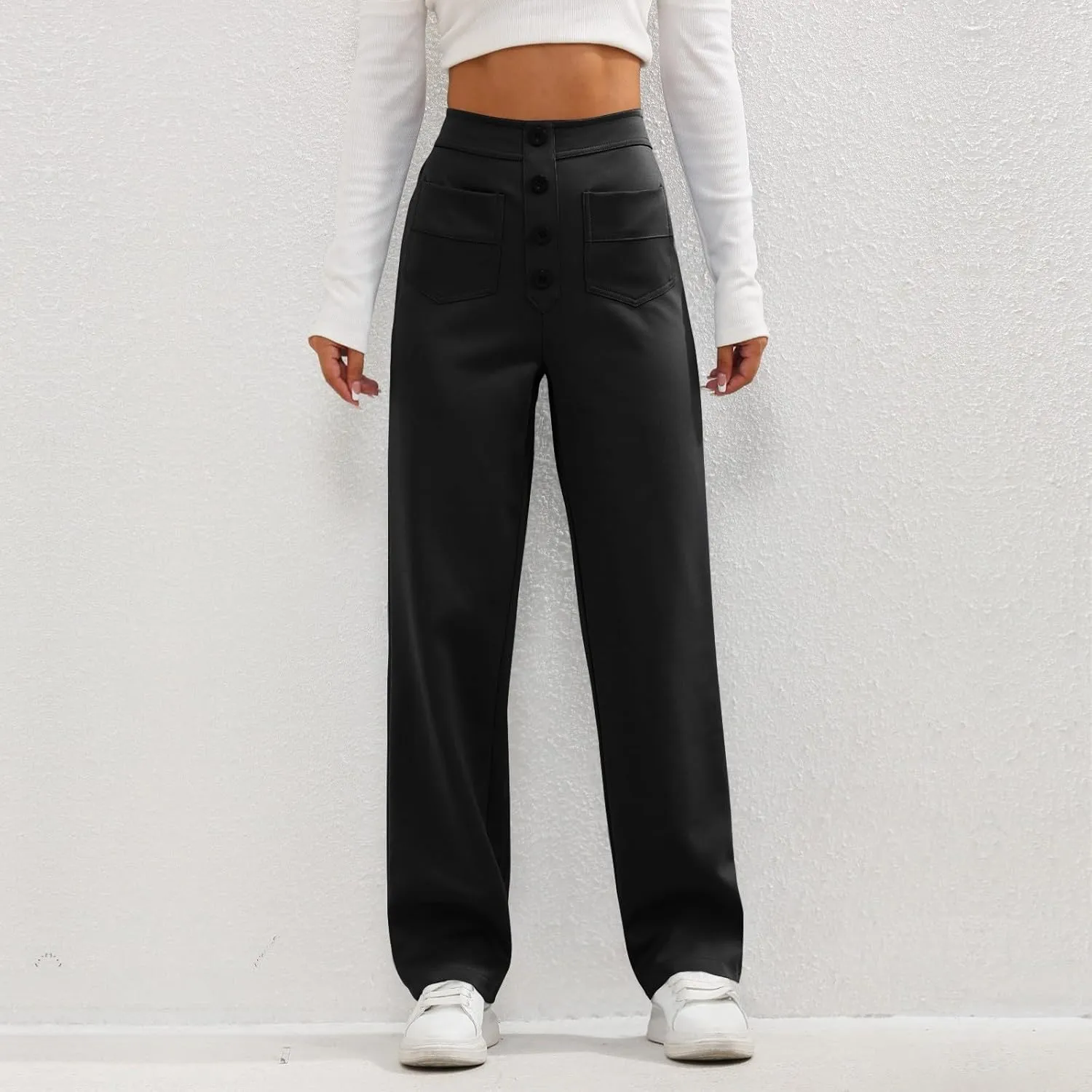 Trousers Pants for Women Women's Casual Straight Leg Pants High Waisted Button Down Stretchy Business Work Trousers