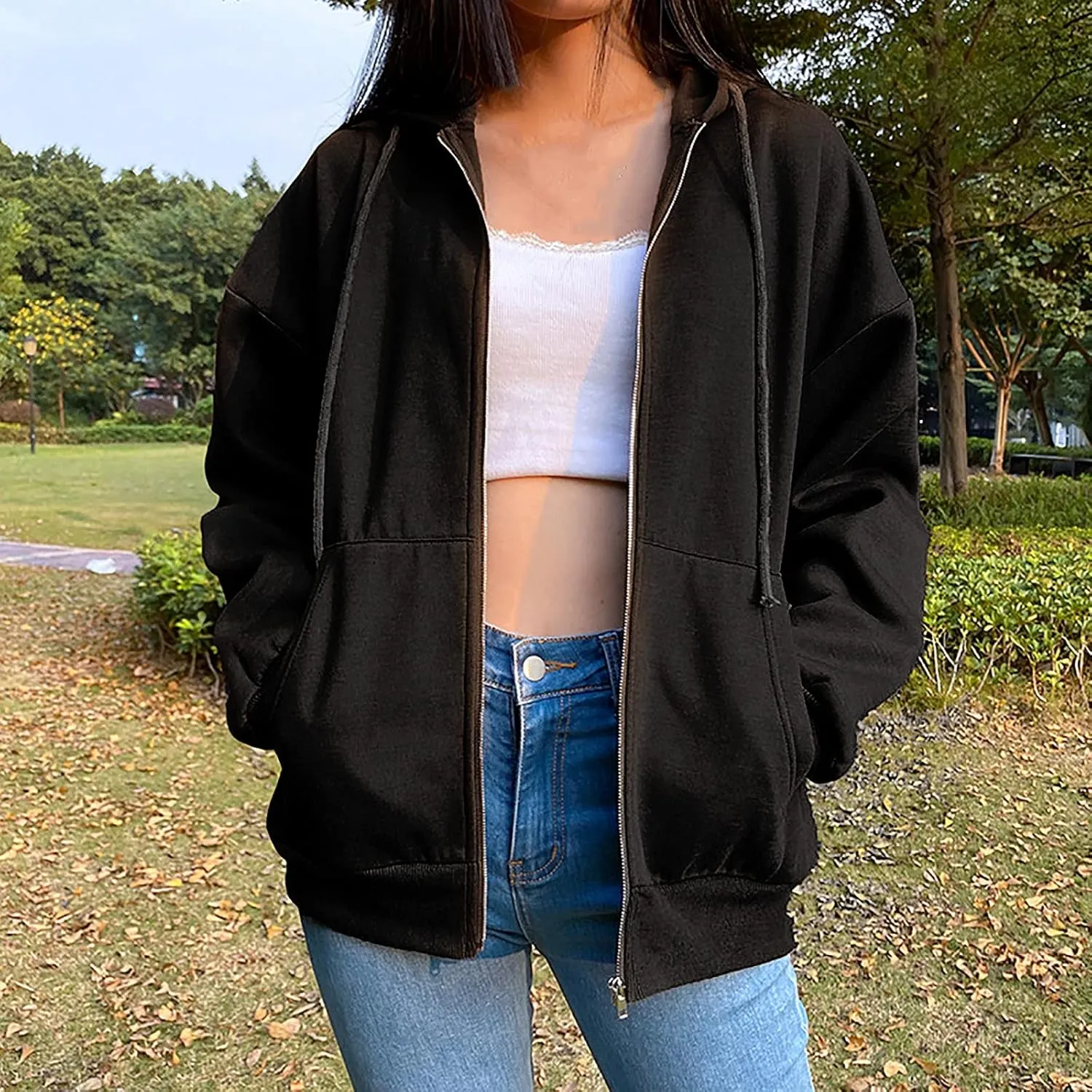 tuduoms Women Casual Zip Up Hoodie Teen Girl Fall Athletic Lightweight Jacket Oversized Sweatshirts Casual Drawstring Clothes