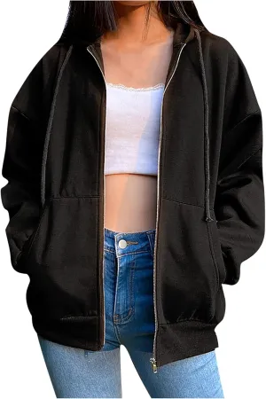 tuduoms Women Casual Zip Up Hoodie Teen Girl Fall Athletic Lightweight Jacket Oversized Sweatshirts Casual Drawstring Clothes