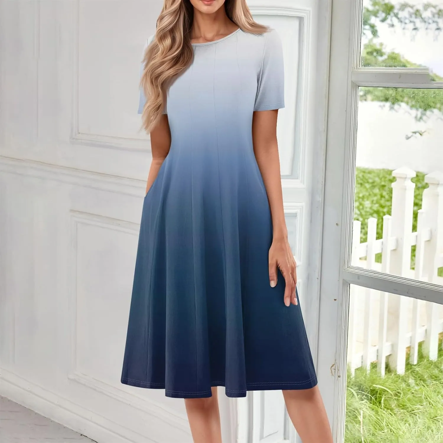 TWGONE Women's Fit and Flare Dress Summer Short Sleeve Casual Elegant Vintage Floral A-Line Midi Dresses with Pockets