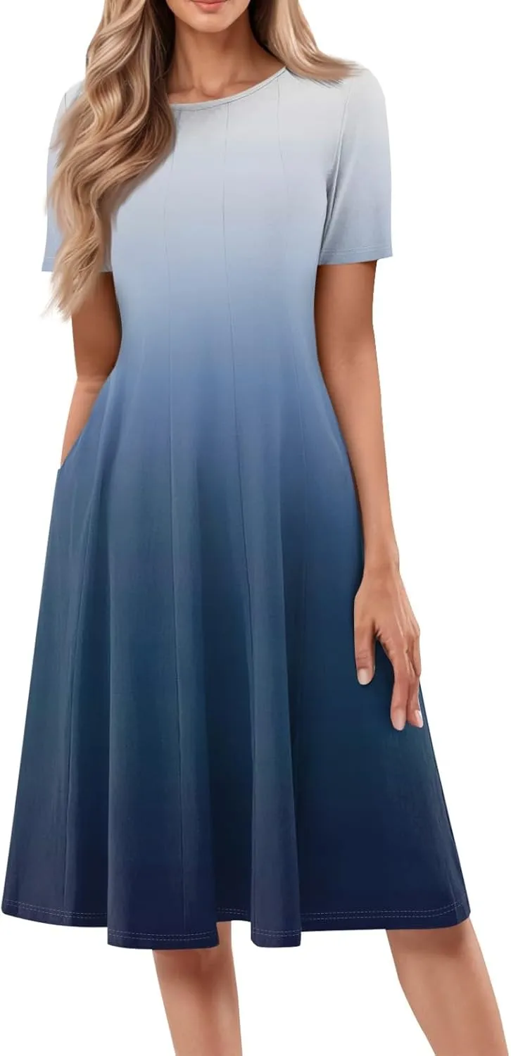 TWGONE Women's Fit and Flare Dress Summer Short Sleeve Casual Elegant Vintage Floral A-Line Midi Dresses with Pockets