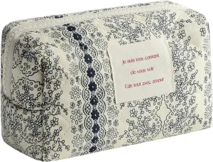 uekeboag Small Cute Floral Quilted Cotton Makeup Bag,Mini Coquette Quilted Cosmetic Pouch with Zipper,Kawaii Travel Toiletry Bags for Purse(02 Navy flower)