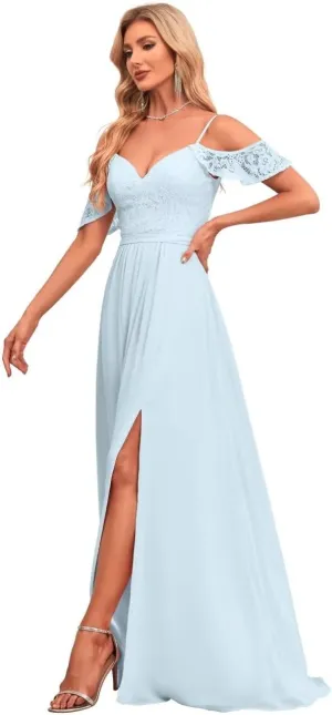V Neck Bridesmaid Dresses with Pockets A-Line Long Chiffon Formal Party Dresses with Slit UU32