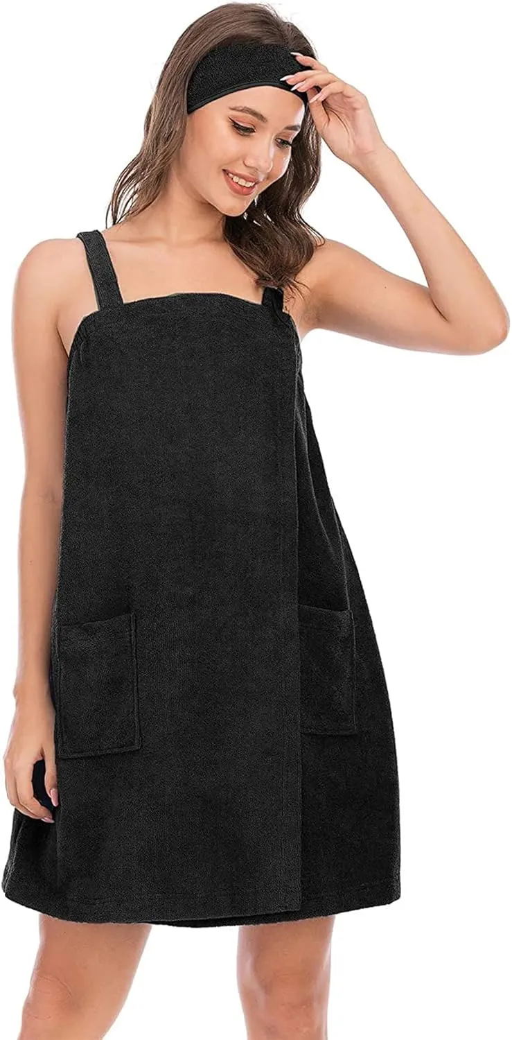 Vanrose Jan Womens Bath Wrap Towels with Straps Pocket Spa Towel Bathrobe & Hair Headband