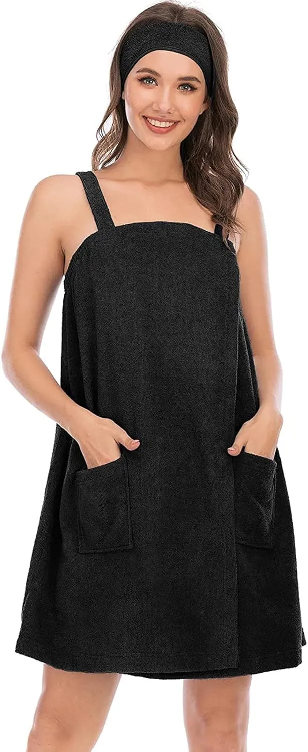 Vanrose Jan Womens Bath Wrap Towels with Straps Pocket Spa Towel Bathrobe & Hair Headband