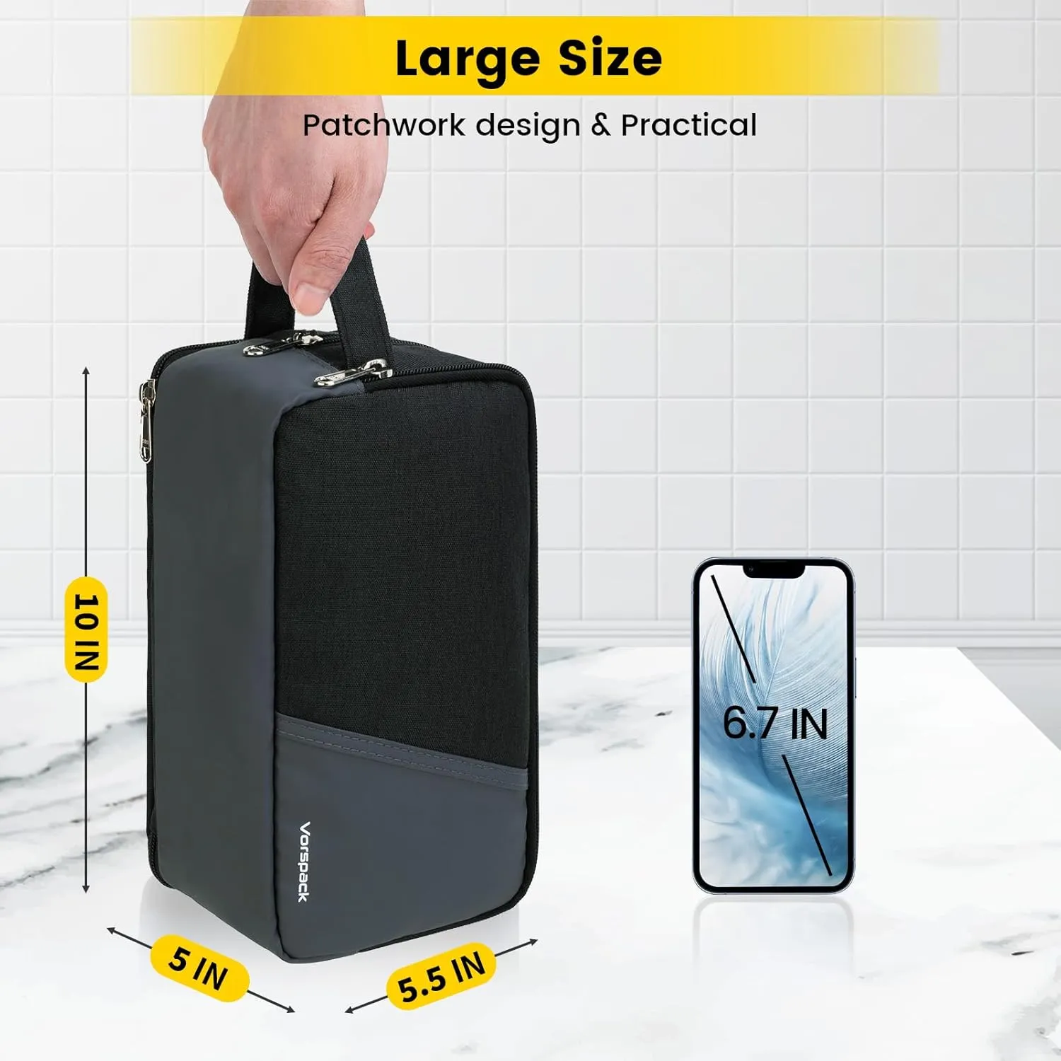 Vorspack Travel Toiletry Bag - Toiletry Bag for Men Water Resistant Skincare Bag Dopp Kit for Bathroom Toiletries Accessories Gifts - Black