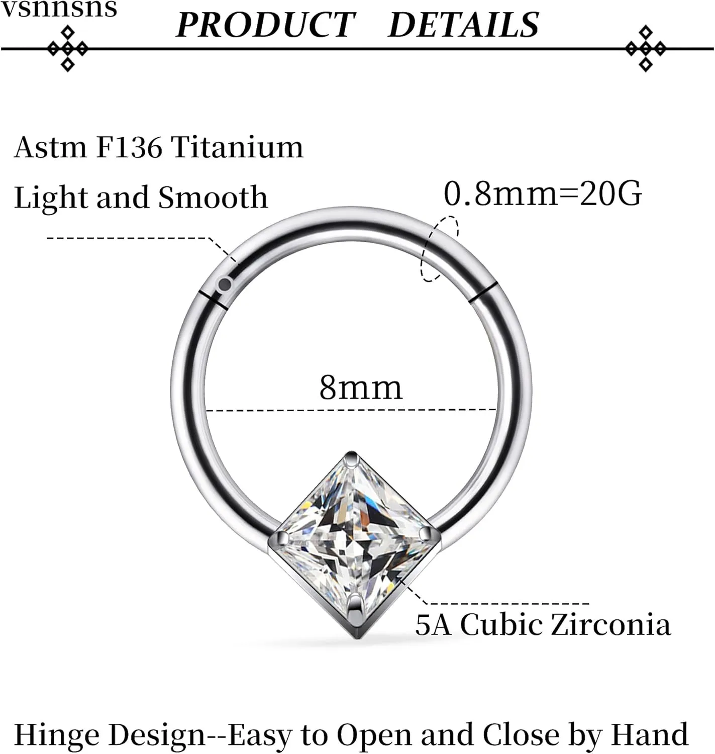 Vsnnsns G23 Titanium Septum Rings 16G 18G 20G Daith Piercing Jewelry Clicker Septum Jewelry CZ Opal Septum Rings Daith Earrings Piercing Jewelry Hoops For Women Men