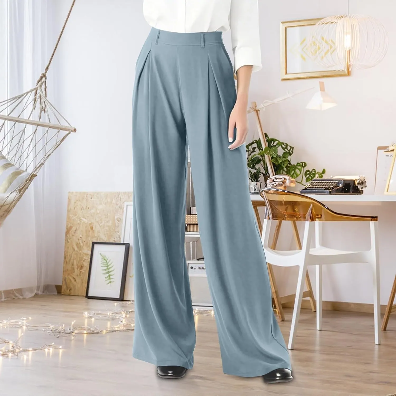 Wide Leg Pants for Women Elastic Waist Stretchy Palazzo Pants Casual Lightweight Summer Pants with Pockets
