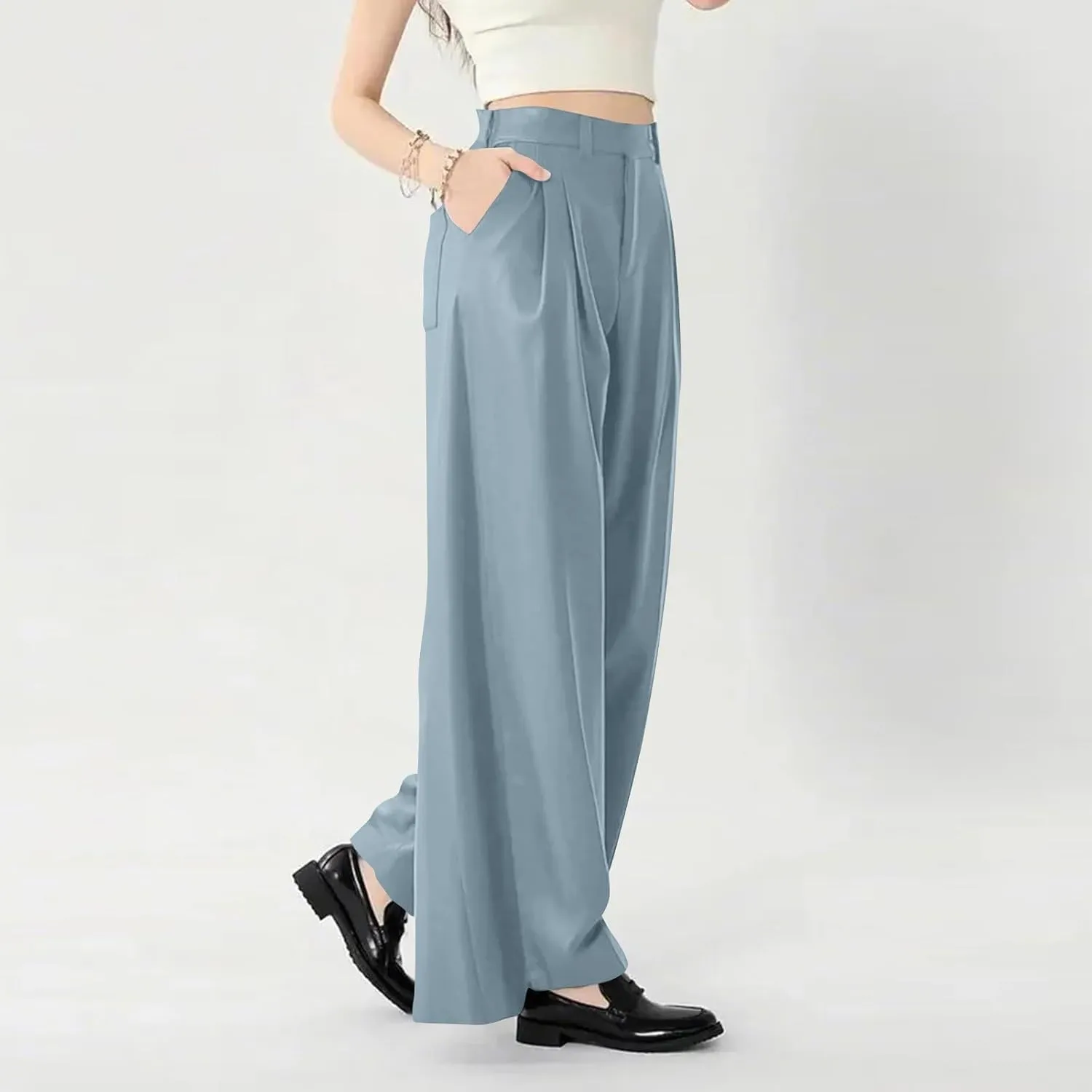 Wide Leg Pants for Women Elastic Waist Stretchy Palazzo Pants Casual Lightweight Summer Pants with Pockets