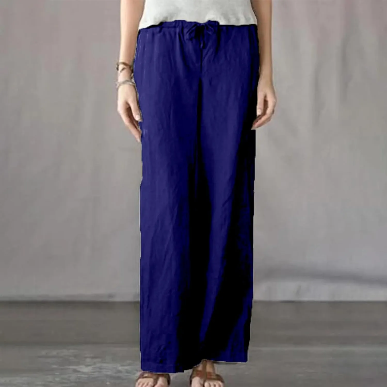 Wide Leg Pants Women Plus Size Cotton Linen Trousers Dressy Casual Drawstring High Waist Straight Pants Summer Pants