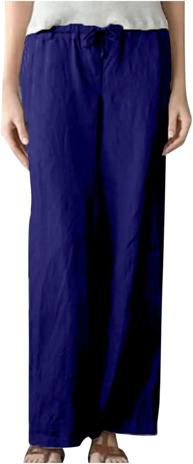 Wide Leg Pants Women Plus Size Cotton Linen Trousers Dressy Casual Drawstring High Waist Straight Pants Summer Pants