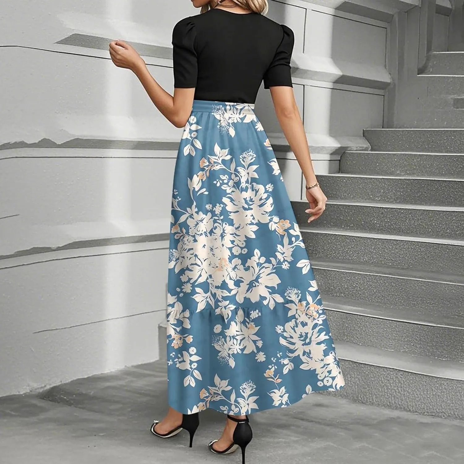 Women 2025 Summer Casual Round Neck Short Sleeve Long Tiered Floral Maxi Flowy Beach Dress
