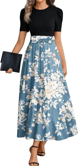 Women 2025 Summer Casual Round Neck Short Sleeve Long Tiered Floral Maxi Flowy Beach Dress