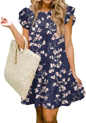Women Babydoll Summer Casual Crew Neck Ruffle Sleeve Sleeveless Flowy Mini Short Tunic Dress Floral Print Pleated Dress4-Dark Purple,Medium