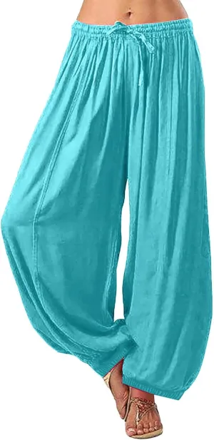 Women Baggy Pants Linen Harem Pants Comfy Wide Leg Yoga Pants Drawstring Palazzo Pants Loose Trousers Lounge Pants