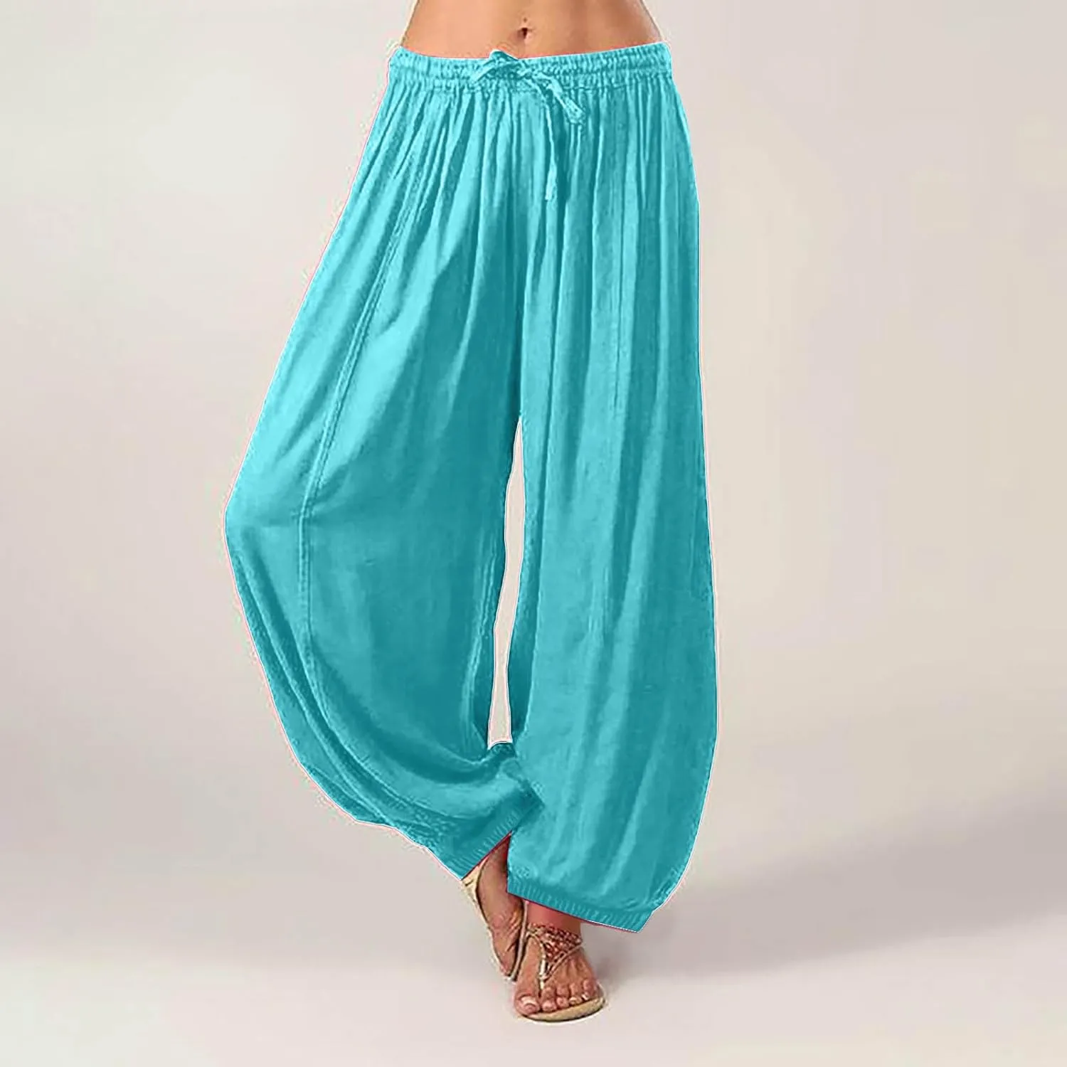 Women Baggy Pants Linen Harem Pants Comfy Wide Leg Yoga Pants Drawstring Palazzo Pants Loose Trousers Lounge Pants
