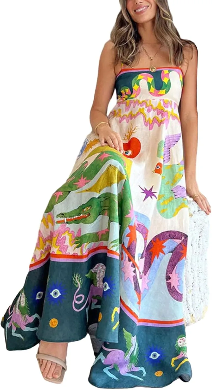 Women Cami Maxi Dress Cute Print Loose Sleeveless Spaghetti Strap Boho Long Dress Flowy Graffiti Beach A Line Sundress