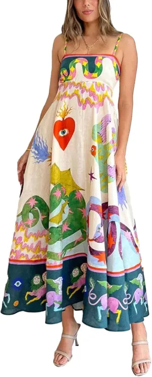 Women Cami Maxi Dress Cute Print Loose Sleeveless Spaghetti Strap Boho Long Dress Flowy Graffiti Beach A Line Sundress