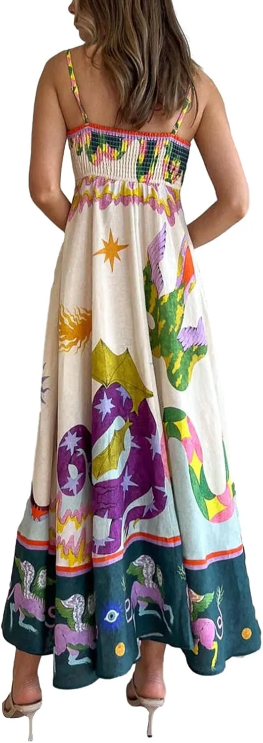 Women Cami Maxi Dress Cute Print Loose Sleeveless Spaghetti Strap Boho Long Dress Flowy Graffiti Beach A Line Sundress