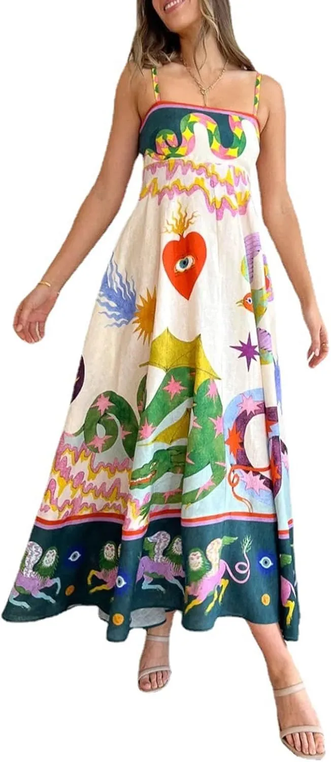 Women Cami Maxi Dress Cute Print Loose Sleeveless Spaghetti Strap Boho Long Dress Flowy Graffiti Beach A Line Sundress