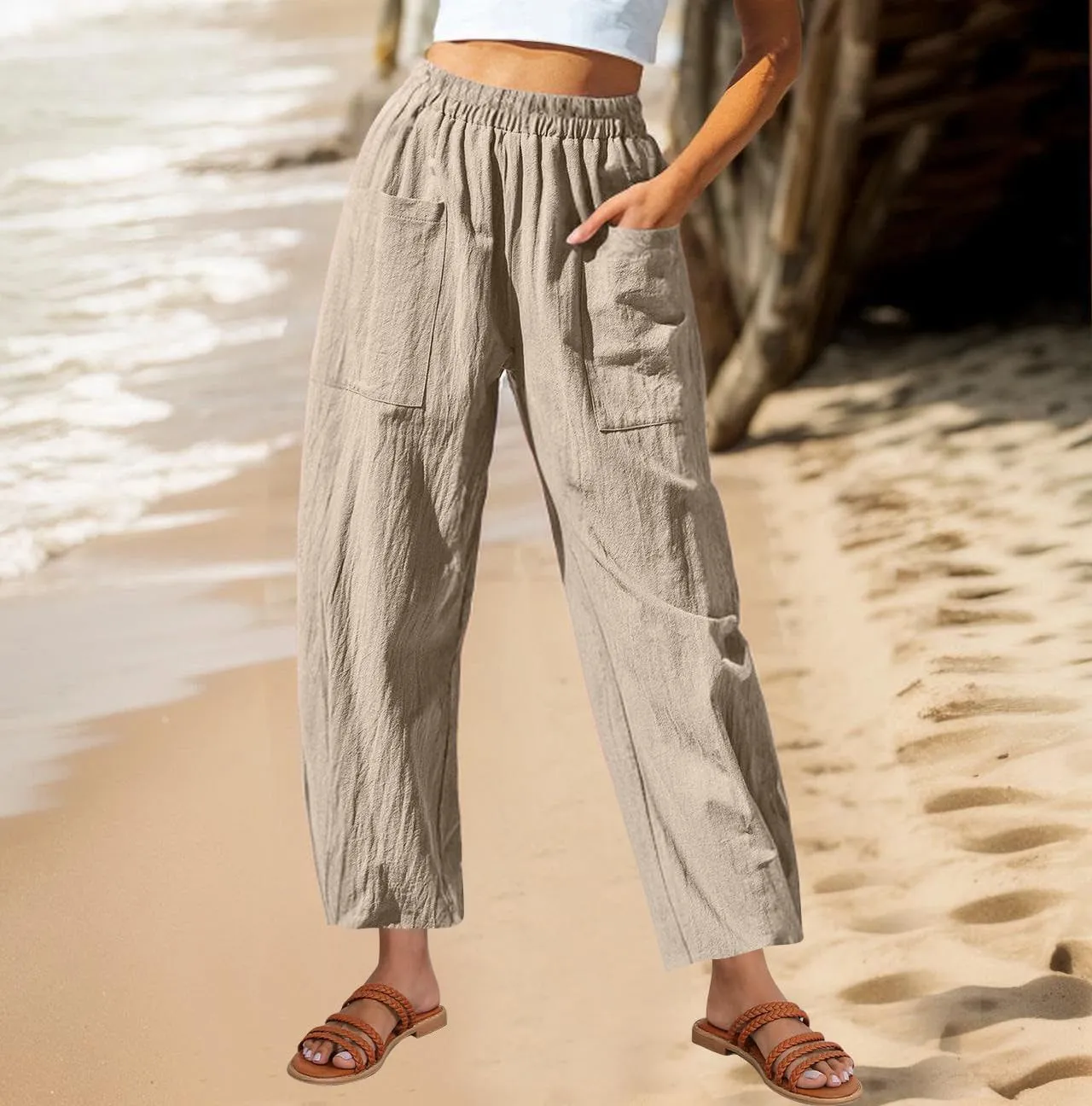 Women Cotton Linen Pants Patch Pocket Tapered Leg Elastic Waist Long Pant Casual Beach Trousers Solid Color Work Pant