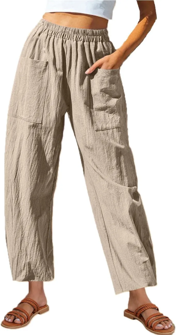 Women Cotton Linen Pants Patch Pocket Tapered Leg Elastic Waist Long Pant Casual Beach Trousers Solid Color Work Pant