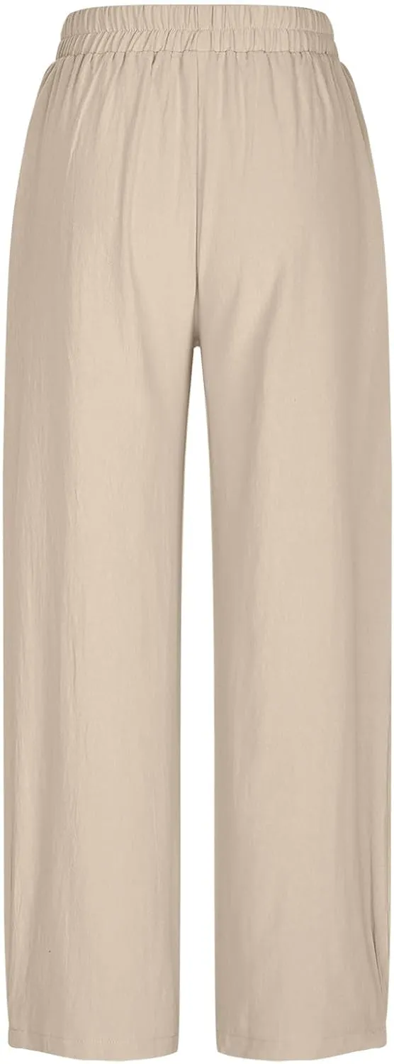 Women Cotton Linen Pants Patch Pocket Tapered Leg Elastic Waist Long Pant Casual Beach Trousers Solid Color Work Pant