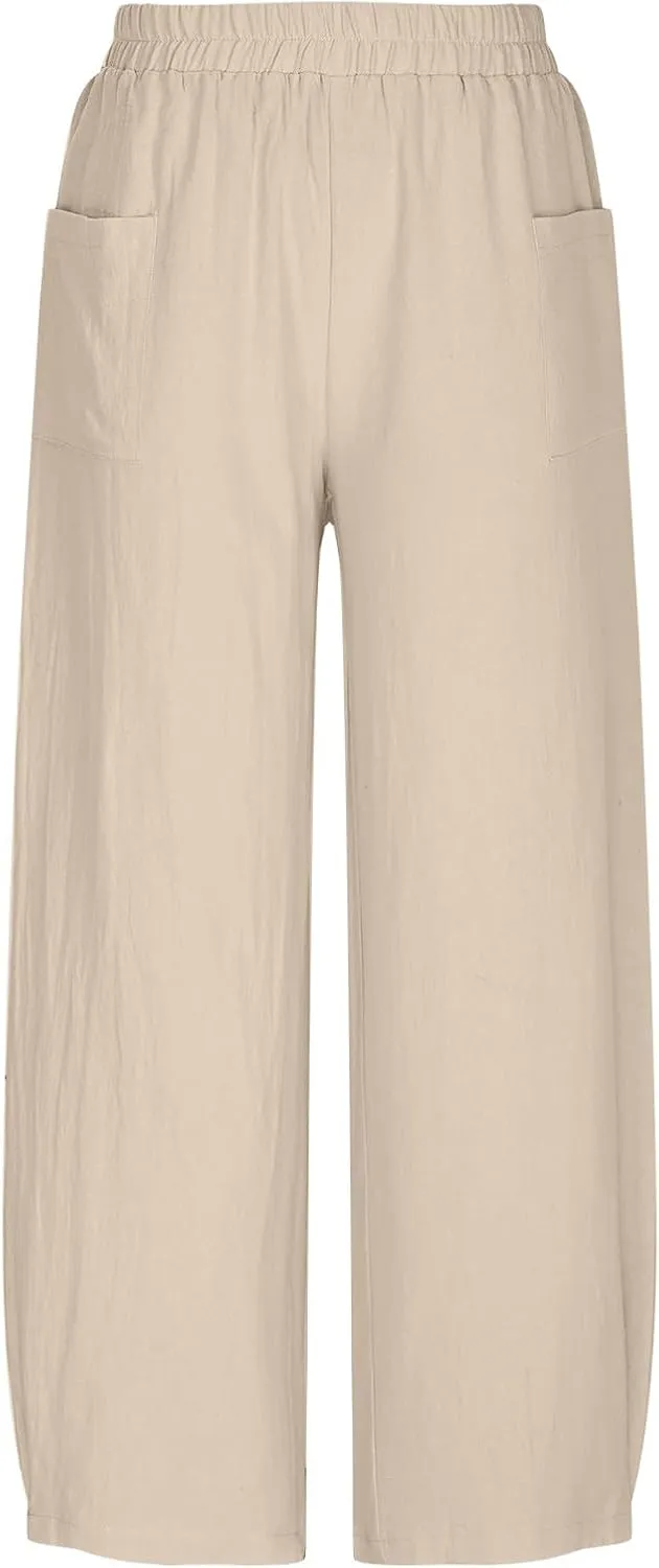 Women Cotton Linen Pants Patch Pocket Tapered Leg Elastic Waist Long Pant Casual Beach Trousers Solid Color Work Pant