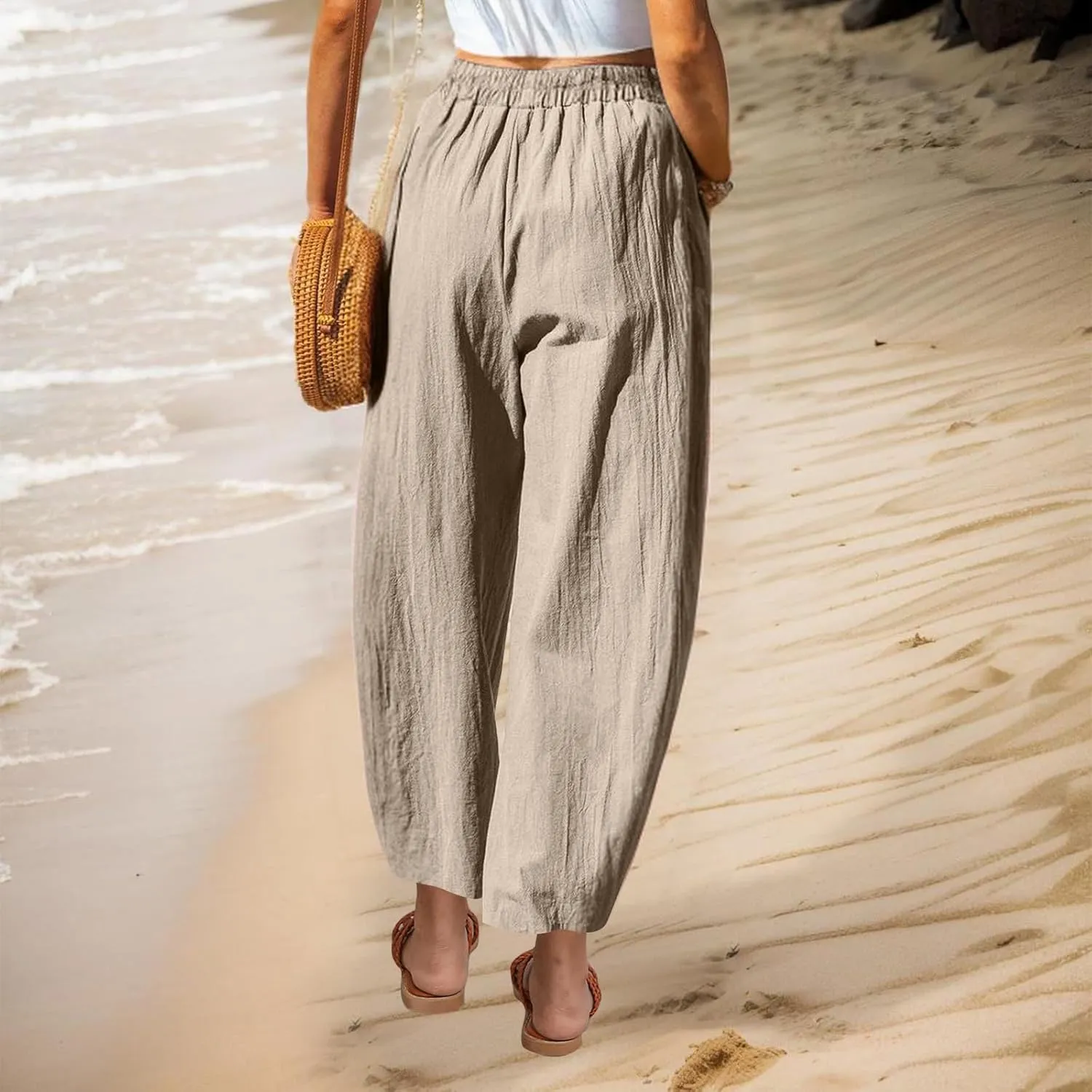 Women Cotton Linen Pants Patch Pocket Tapered Leg Elastic Waist Long Pant Casual Beach Trousers Solid Color Work Pant