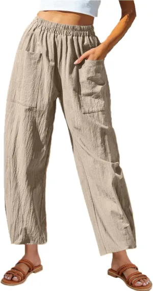 Women Cotton Linen Pants Patch Pocket Tapered Leg Elastic Waist Long Pant Casual Beach Trousers Solid Color Work Pant