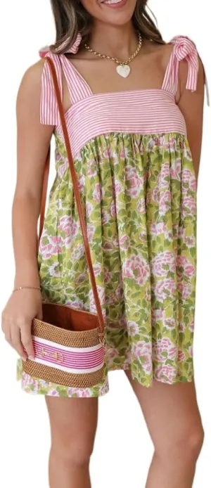 Women Floral Mini Dress Y2K Coquette Summer Bow Tie Strap Babydoll Short Dress Fairy Cottagecore Sundress Cute Clothes