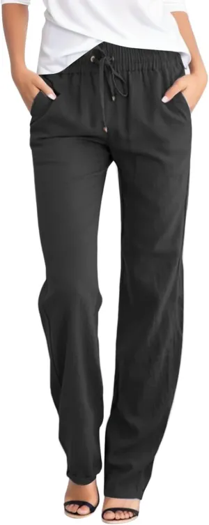 Women Linen Pants Straight Leg Drawstring Elastic High Waist Loose Comfy Trousers with Pockets