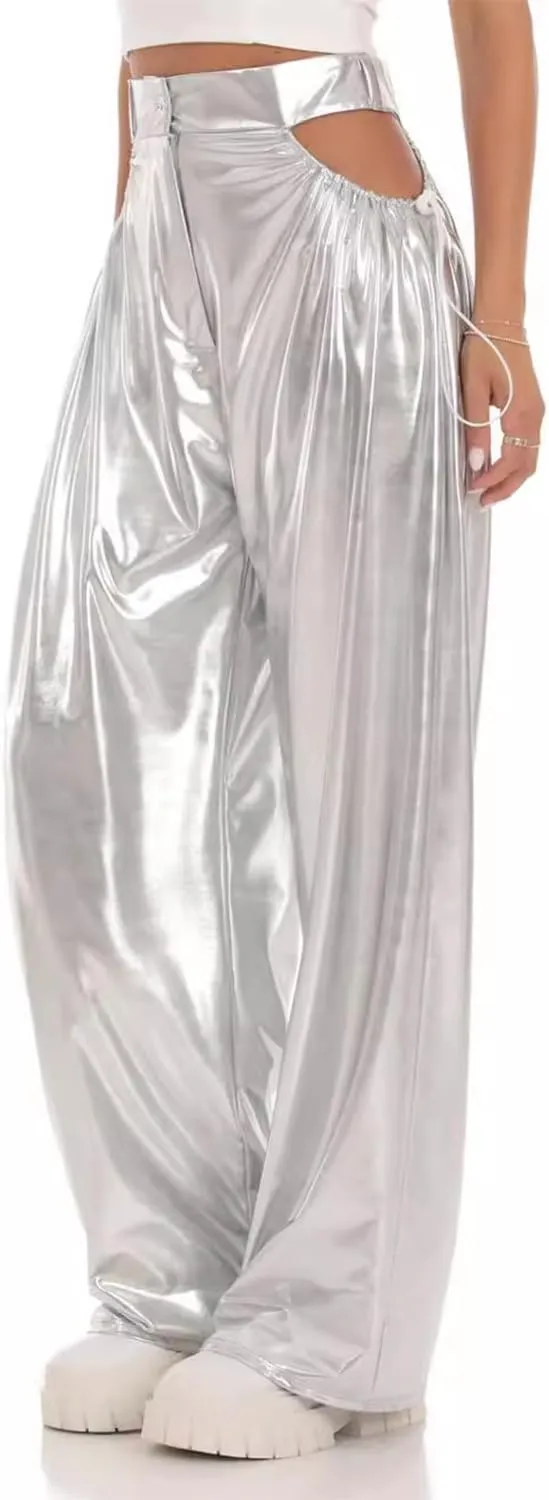 Women Metallic High Waist Wide Leg Pants Hollow Out Hip Hop Trousers Sweatpant
