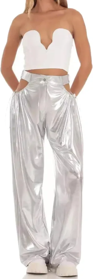 Women Metallic High Waist Wide Leg Pants Hollow Out Hip Hop Trousers Sweatpant