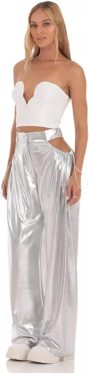 Women Metallic High Waist Wide Leg Pants Hollow Out Hip Hop Trousers Sweatpant