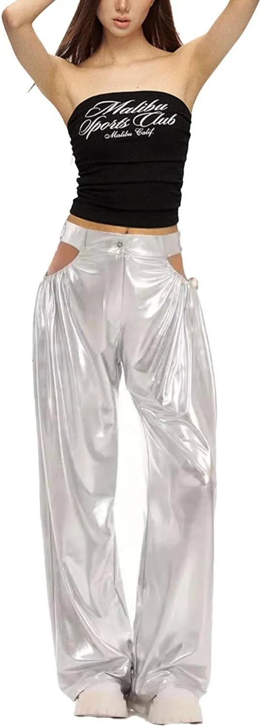 Women Metallic High Waist Wide Leg Pants Hollow Out Hip Hop Trousers Sweatpant