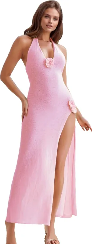 Women Sexy Backless See Through Knitted 3D Embroidery Dresses V-Neck Open Leg Sleeveless Halter Gown
